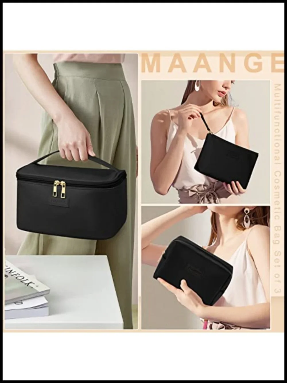 Large Cosmetic Bag Set with 2 Small Pouches - PU Leather Travel Makeup Organizer